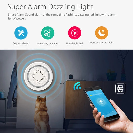 Smart Tuya WiFi Siren Alarm with temperature and humidity sensor, emits sound and light to alert of environmental changes.
