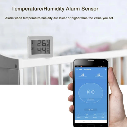 Smart Tuya WiFi siren alarm with temperature and humidity sensor, featuring sound and light alerts for home security.