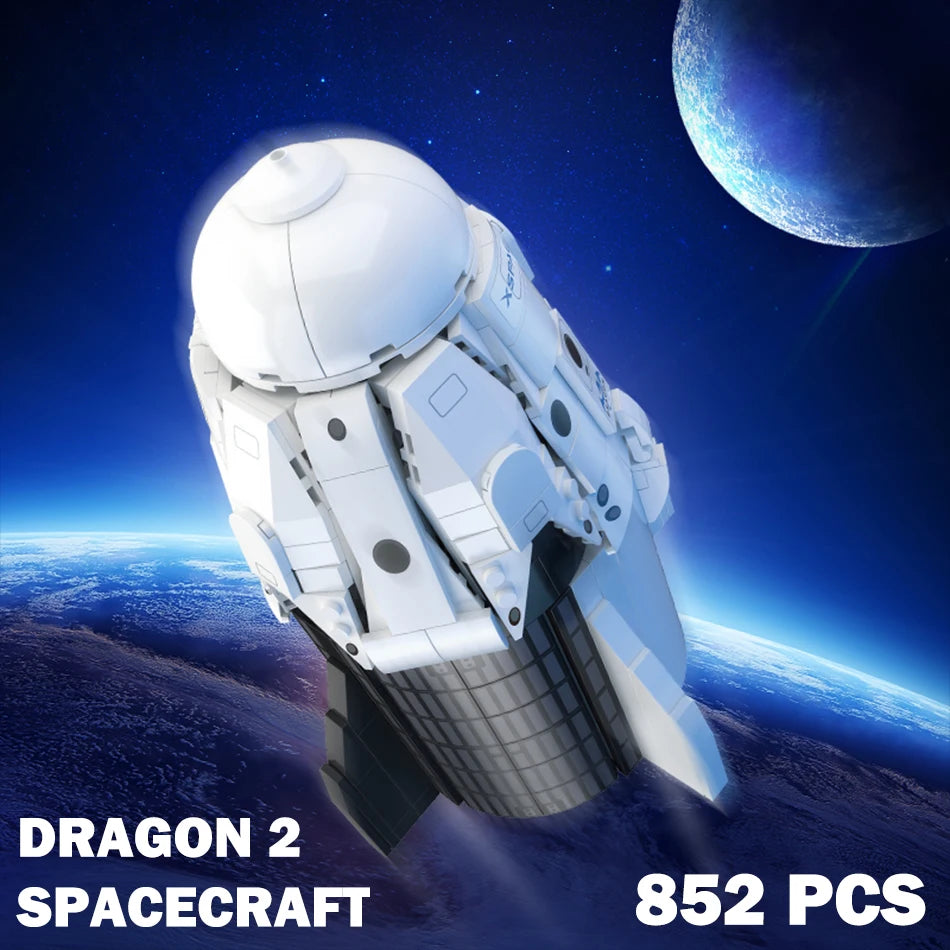 852-piece SpaceX Dragon 2 spacecraft model building blocks by BACKUPMYFILESNOW.COM, featuring cargo spaceship and educational toy design.