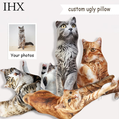 Custom 3D pet pillow featuring a humorous cat and dog design, personalized with a photo, ideal for memorial or cuddly decor.