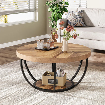 Modern wooden and black 31.7-inch round coffee table with industrial design, 2-tier storage shelves, and a stylish center accent.