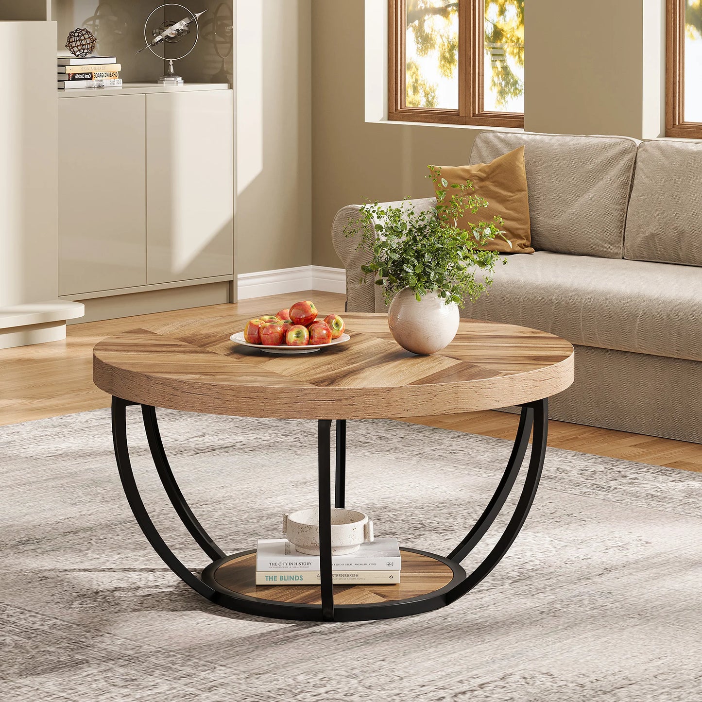 Tribesigns 31.7-inch round industrial coffee table with black finish, two-tier design, wooden accents, and storage shelves.