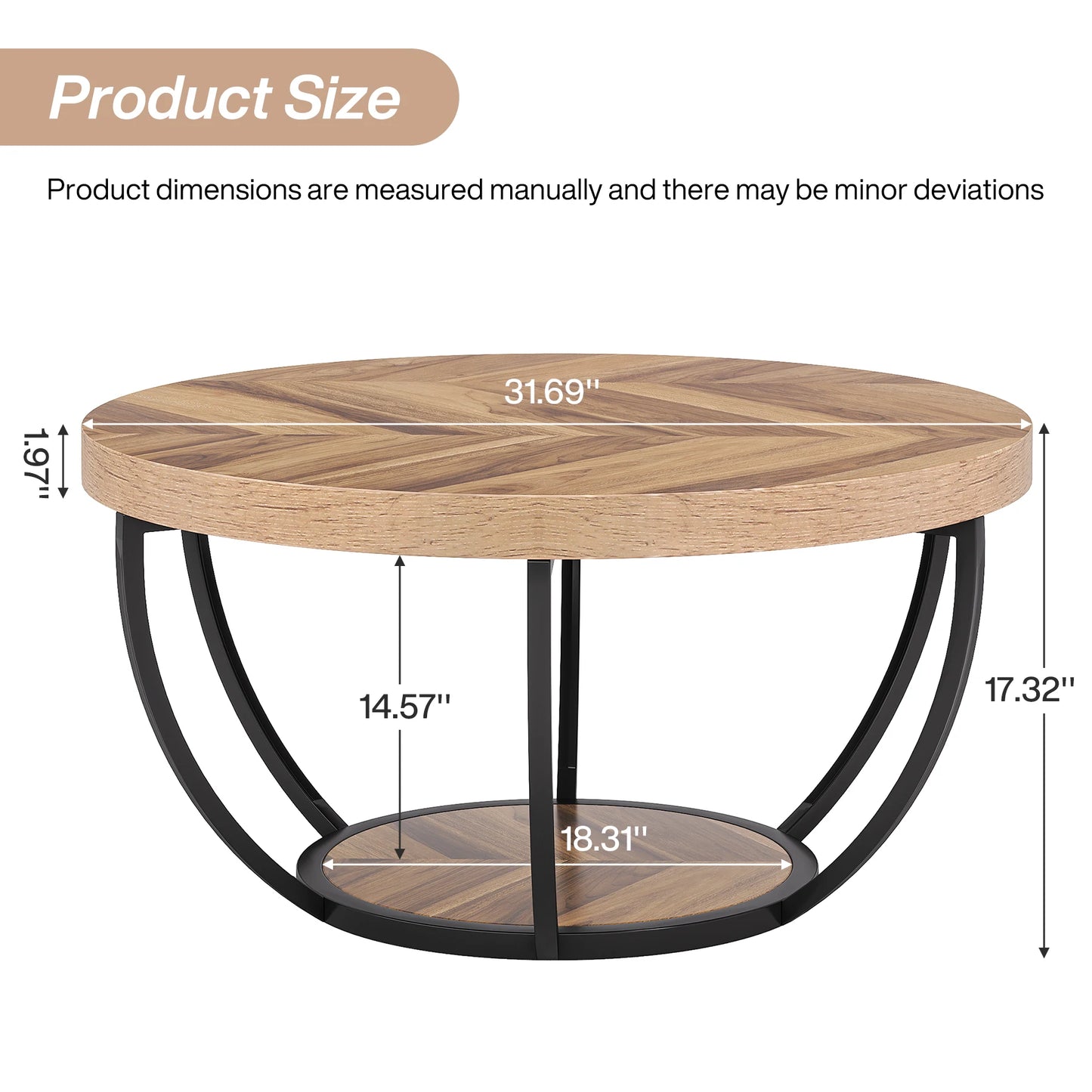Tribesigns 31.7-inch round industrial coffee table with two-tier design, wooden top, black metal frame, and storage shelves.