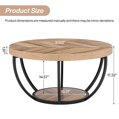 Tribesigns 31.7-inch round industrial coffee table with two-tier design, wooden top, black metal frame, and storage shelves.