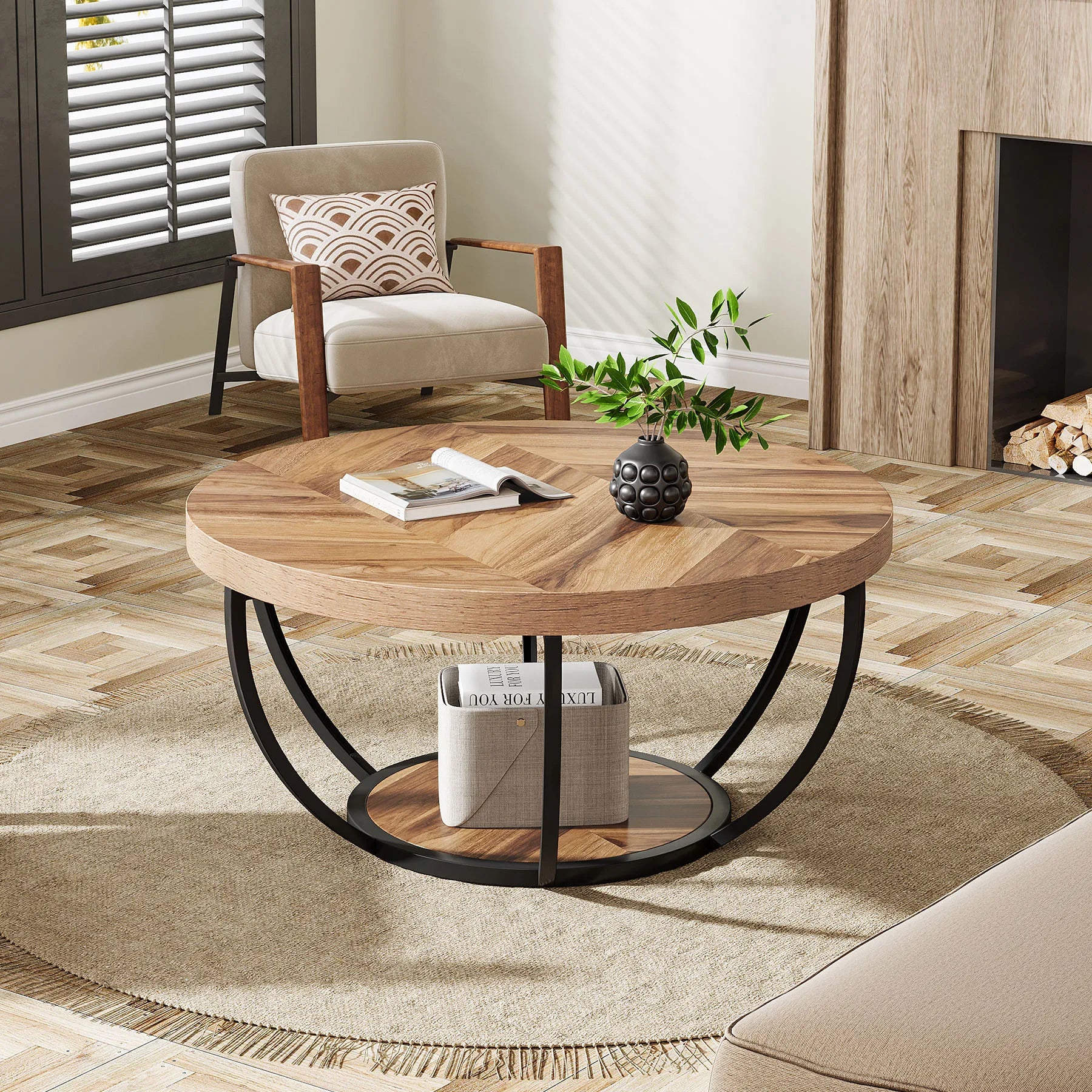 Tribesigns 31.7-inch round industrial coffee table with black wood finish, two-tier storage shelves, and modern wooden accent center tab.