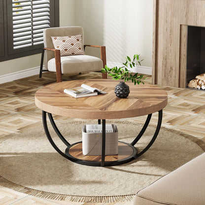 Tribesigns 31.7-inch round industrial coffee table with black wood finish, two-tier storage shelves, and modern wooden accent center tab.