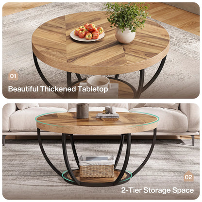 Tribesigns 31.7-inch round industrial coffee table with black metal frame, wooden top, and two-tier storage shelves.