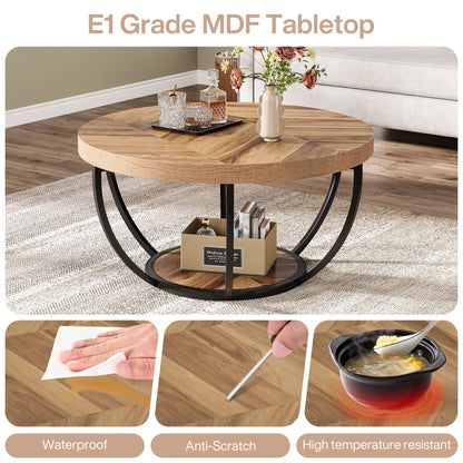 Tribesigns 31.7-inch round industrial coffee table with two-tier wooden shelves and modern design, black metal accents.