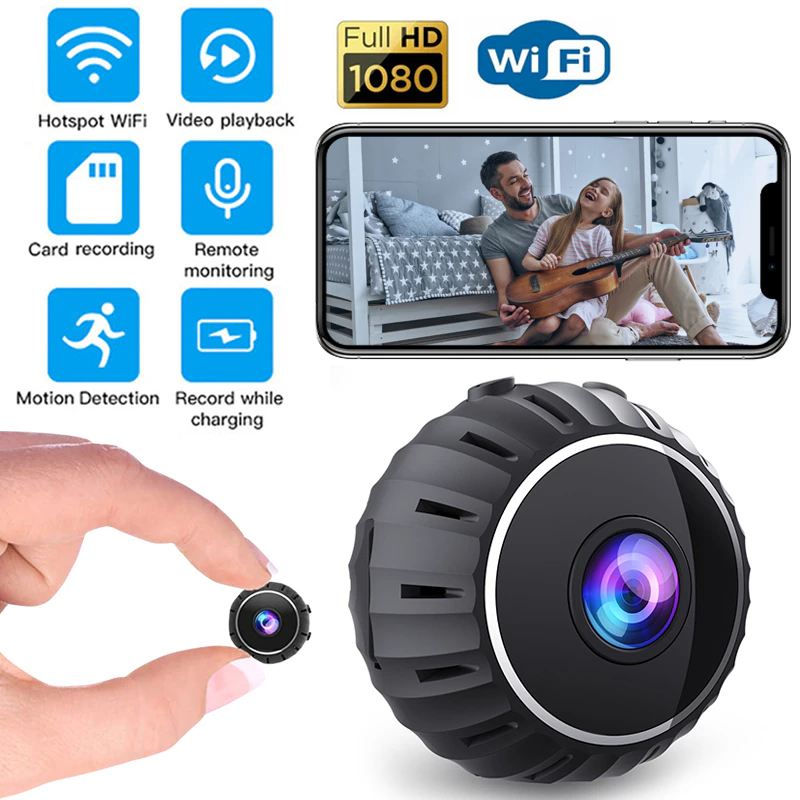 Mini hidden spy nanny camera by BackupMyFilesNow.com showing compact wireless WiFi security camera with HD 1080P footage and DVR.