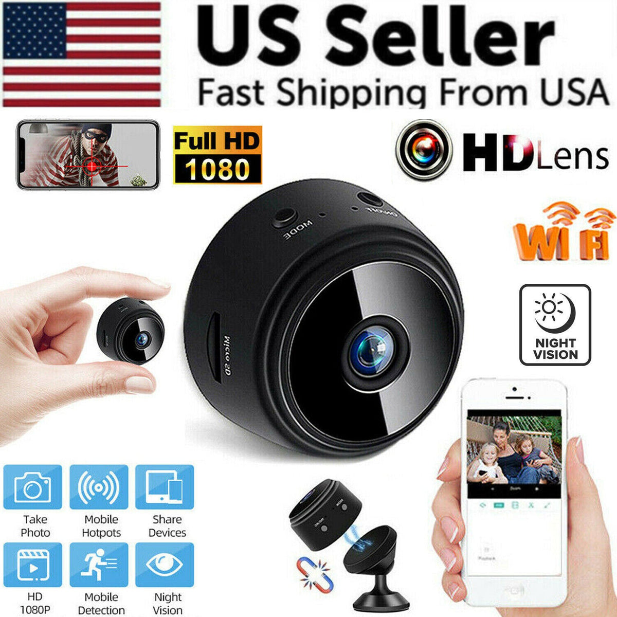 Mini hidden spy nanny camera from BackupMyFilesNow.com, wireless WiFi home security camera with HD 1080P video and DVR recording.