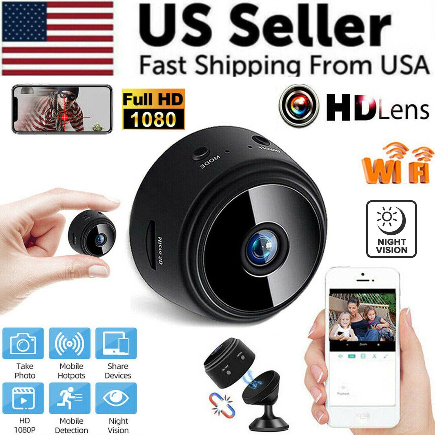 Mini hidden spy nanny camera from BackupMyFilesNow.com, wireless WiFi home security camera with HD 1080P video and DVR recording.
