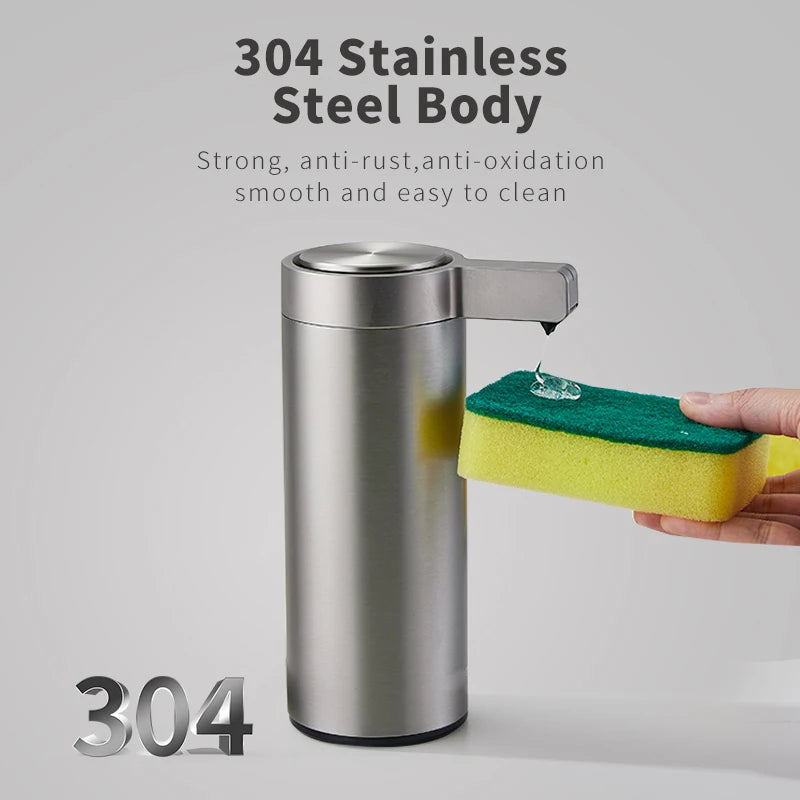 Automatic sensor kitchen soap dispenser by BackupMyFilesNow.com, made of stainless steel with 270ml capacity for liquid soap or sanitizer.