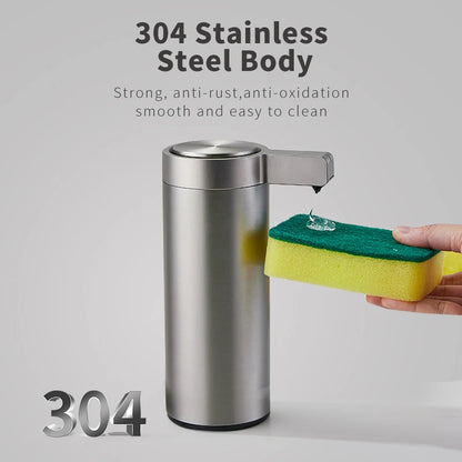 Automatic sensor kitchen soap dispenser by BackupMyFilesNow.com, made of stainless steel with 270ml capacity for liquid soap or sanitizer.