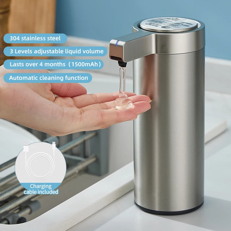Automatic sensor kitchen soap dispenser in stainless steel, 270ml capacity, for body wash and sanitizer, modern smart electric design.