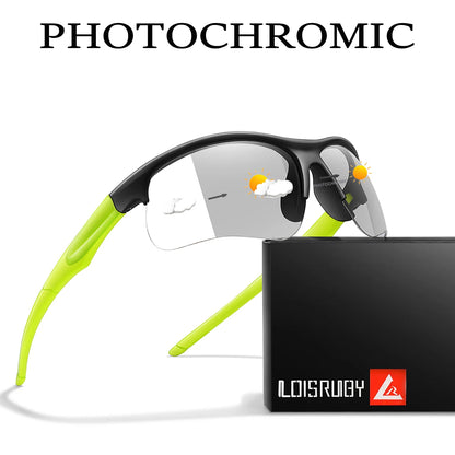 Photochromic sunglasses for men and women, sporty windproof eyewear ideal for outdoor cycling, running, MTB, and biking activities.