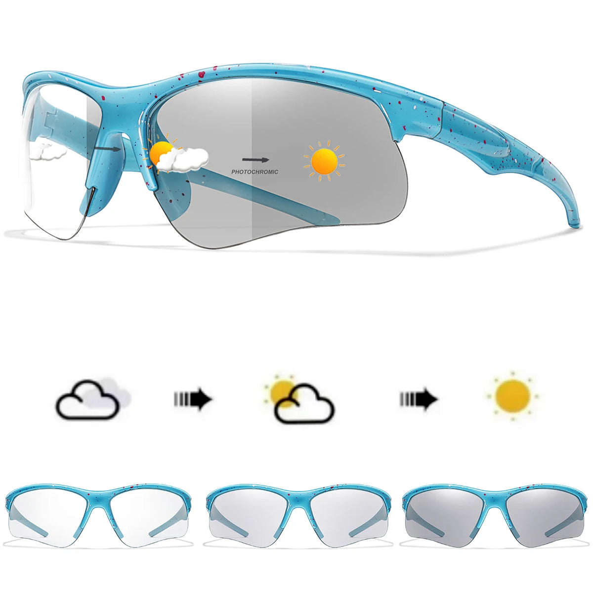 Photochromic sunglasses for men and women, outdoor sports eyewear, windproof bike goggles, ideal for cycling, running, and MTB.