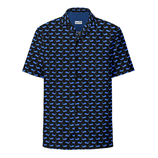 Midnight whale Hawaiian shirt from BACKUPMYFILESNOW.COM® featuring a navy blue background with whale and ocean wave patterns.