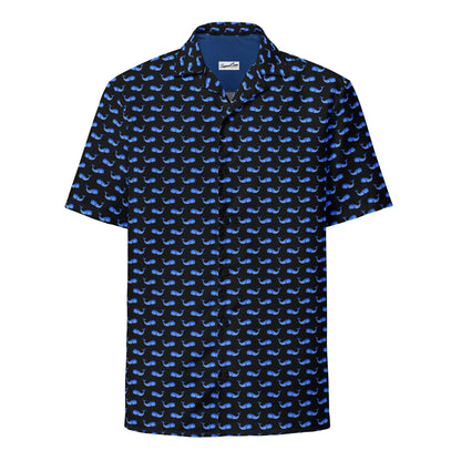 Midnight whale Hawaiian shirt from BACKUPMYFILESNOW.COM® featuring whale patterns, short sleeves, and vibrant coastal summer style.