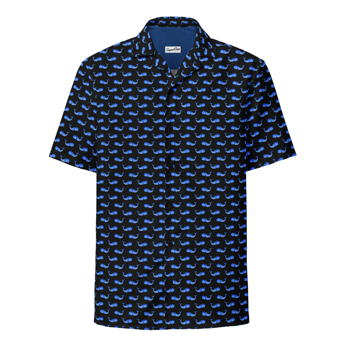Midnight Whale Hawaiian shirt from BACKUPMYFILESNOW® featuring whale patterns, button-down style, perfect for summer coastal wear.