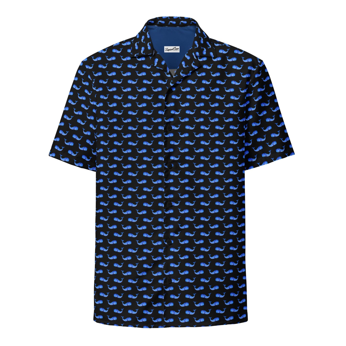 Midnight Whale Hawaiian shirt from BACKUPMYFILESNOW® featuring a coastal summer design with whale and ocean motifs.