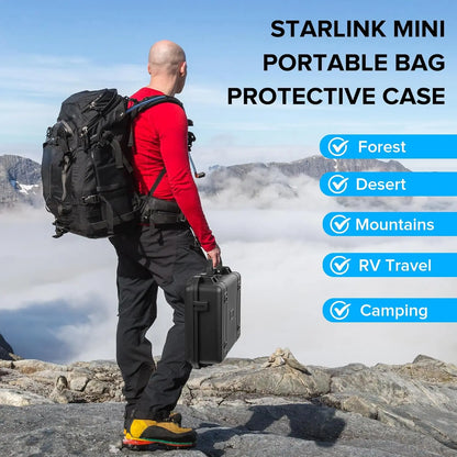 Starlink Mini hard shell storage case by BACKUPMYFILESNOW.COM®, waterproof and shockproof with double foam layers for accessories.