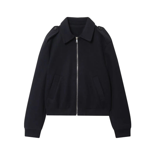 Navy blue women's retro slim coat by BR&ZA2026 with flare sleeves, zipper front, polyester fleece lining, elegant European American style.