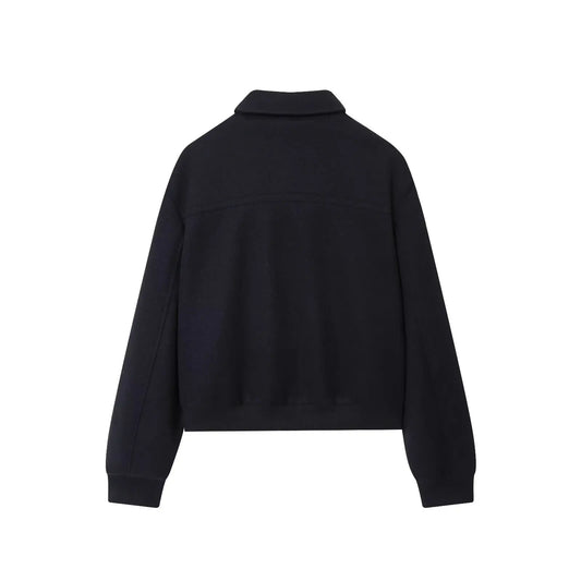 Navy blue women's retro slim coat with flare sleeves, zipper front, polyester fleece lining, elegant European American spring style.