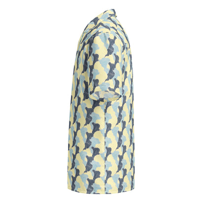 Tropical Swirl button-up shirt by BACKUPMYFILESNOW.COM® featuring vibrant tropical print and classic collar, displayed on a model.