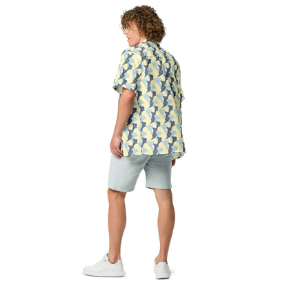 Tropical Swirl button shirt by BACKUPMYFILESNOW.COM® featuring vibrant tropical print and classic button-down design.