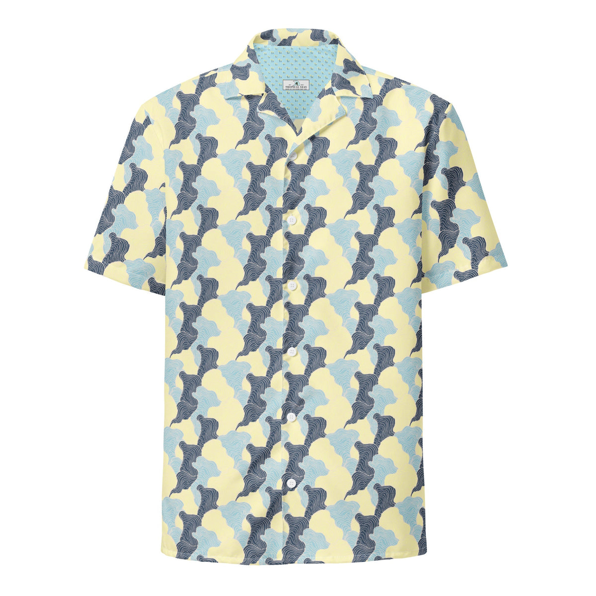 Tropical Swirl button shirt by BACKUPMYFILESNOW.COM® featuring vibrant tropical patterns and a classic button-up design.