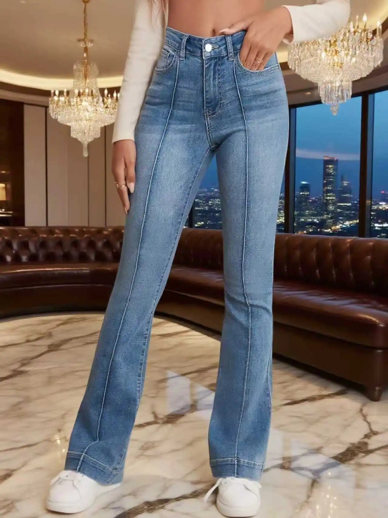Gray stretch women's flared jeans with seam detail, slimming bootcut design, versatile casual pants by BackupMyFilesNow.com
