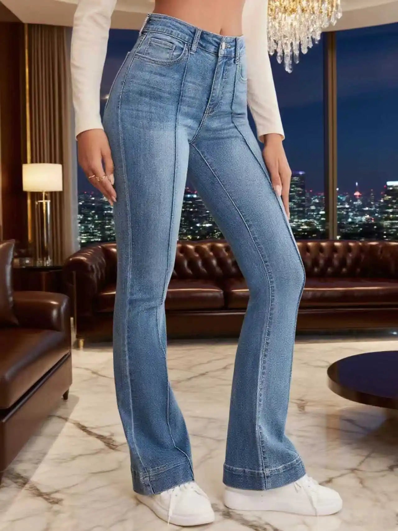 Gray women's stretch flared jeans with seam details, versatile slimming bootcut design, made by BackupMyFilesNow.com.