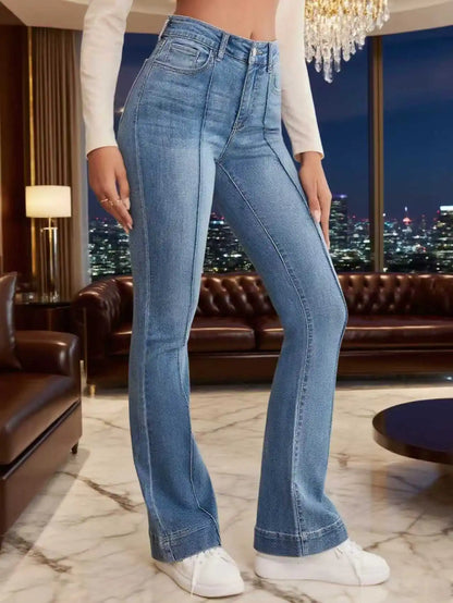 Gray women's stretch flared jeans with seam details, versatile slimming bootcut design, made by BackupMyFilesNow.com.