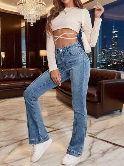 Gray women's stretch flared jeans with seam detail, slim fit bootcut design, versatile casual trousers for women.