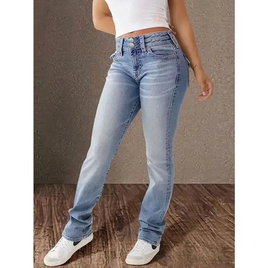 Blue denim women's Y2K jeans with straight leg fit, high waist, stretch fabric, and retro casual style.