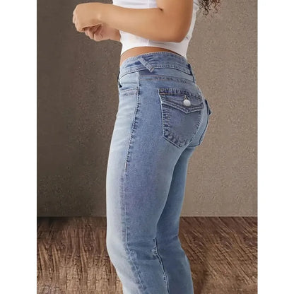 Blue denim women's Y2K jeans with straight-leg fit, high waist, and stretch fabric, casual retro style for everyday wear.