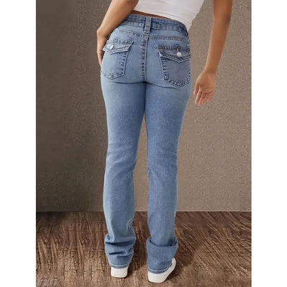 Blue denim women's Y2K jeans with straight leg, high waist, slim fit, stretch fabric, retro style, casual wear.
