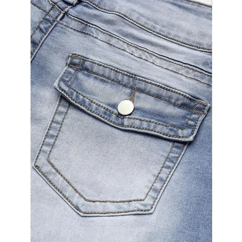 Blue denim women's Y2K jeans with straight leg fit, high waist, and stretch fabric, featuring a slim, retro casual style.