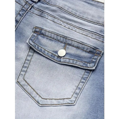 Blue denim women's Y2K jeans with straight leg fit, high waist, and stretch fabric, featuring a slim, retro casual style.