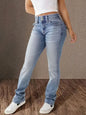 Blue denim women's Y2K jeans with straight leg fit, high waist, and stretch fabric, featuring a retro casual style.