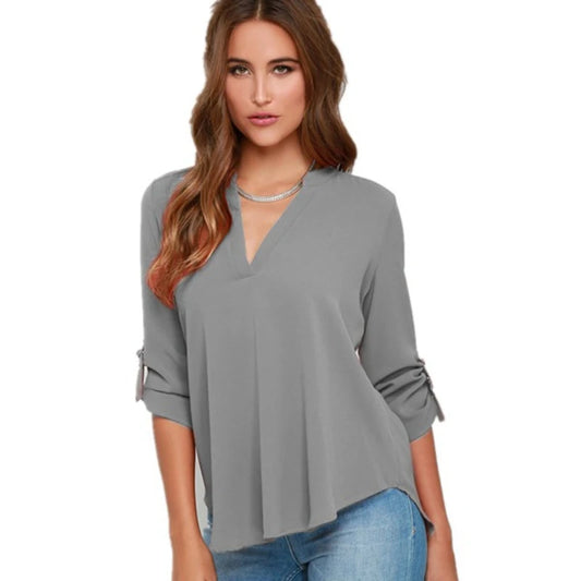White long sleeve chiffon blouse for women with V-neck, suitable for office work, featuring a stylish, lightweight design.