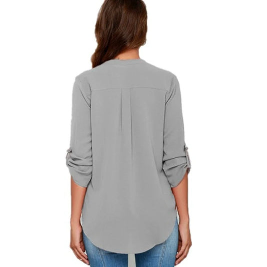 White women’s long sleeve chiffon blouse with V-neck, stylish office work shirt, from BackupMyFilesNow.com