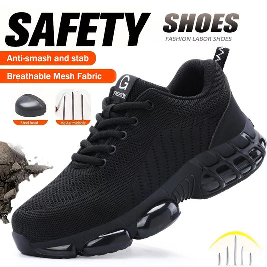 Black steel toe work shoes for men by BackupMyFilesNow.com, lightweight air-cushioned industrial safety sneakers with rugged construction