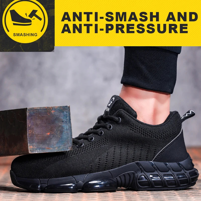 Men's steel toe work shoes by BackupMyFilesNow.com, lightweight air-cushioned industrial safety sneakers in black.