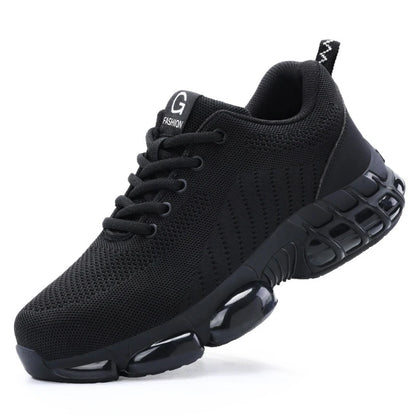 Black steel toe work shoes for men with air cushioning, lightweight and durable industrial safety sneakers by BackupMyFilesNow.com