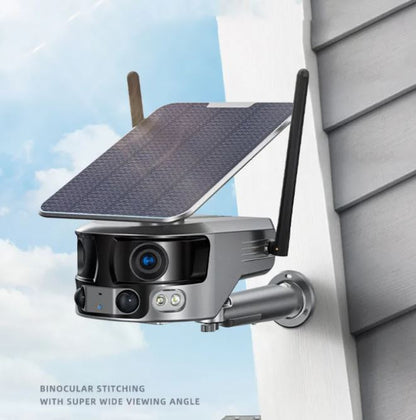 Mobile phone remote solar security camera by BackupMyFilesNow.com with 8MP resolution, suitable for outdoor surveillance.