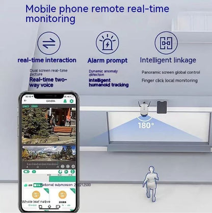 Mobile phone remote solar security camera by BackupMyFilesNow.com with 8MP resolution, suitable for outdoor surveillance.