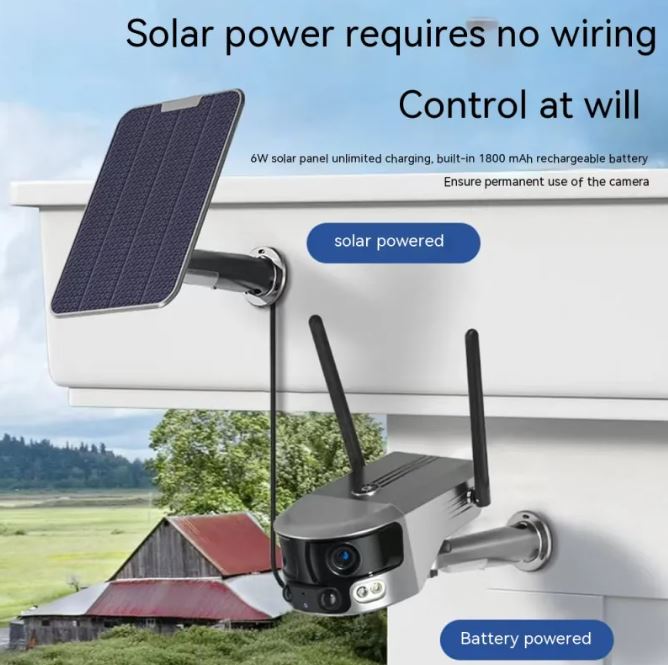 Mobile phone remote solar security camera by BackupMyFilesNow.com with 8MP resolution, designed for outdoor surveillance.