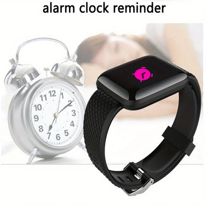 Silvery smartwatch for men and women showing digital display, fitness tracking features, and message notifications on a sleek wristband.