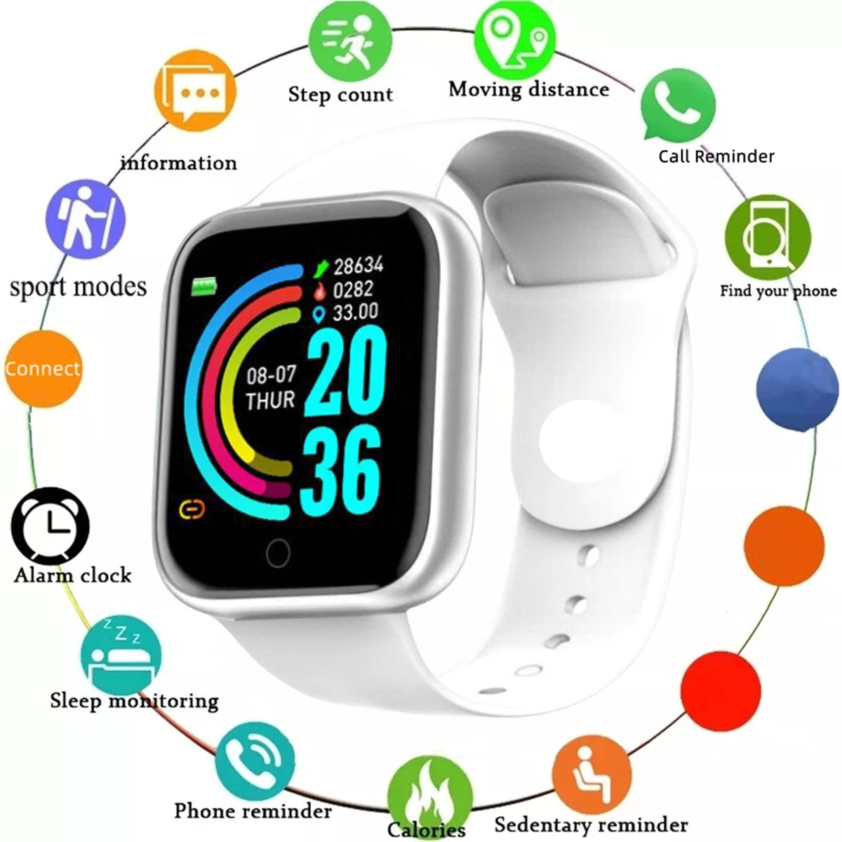 Silver smartwatch for men and women with digital display, fitness tracker, message notifications, compatible with Android and iOS.
